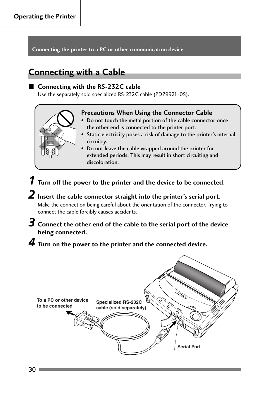 Connecting with a cable, Connecting with the rs-232c cable | CITIZEN PD-24 User Manual | Page 30 / 56