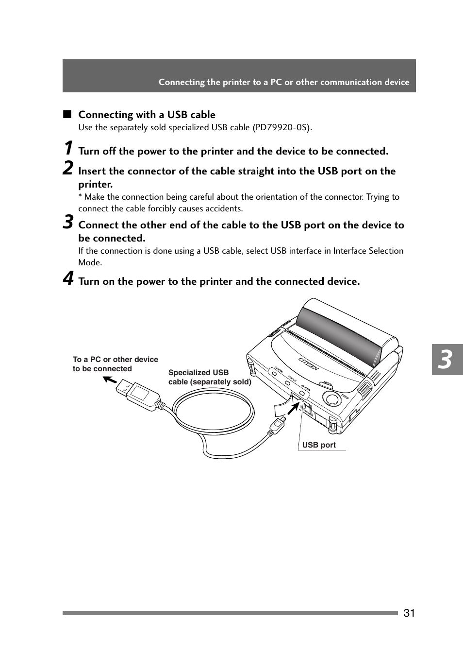 Connecting with a usb cable | CITIZEN PD-24 User Manual | Page 31 / 56