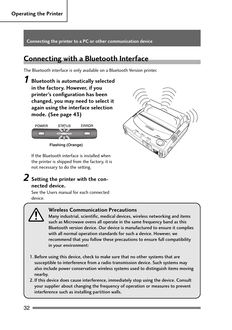 Connecting with a bluetooth interface, Connecting with a bluetooth interface (optional) | CITIZEN PD-24 User Manual | Page 32 / 56