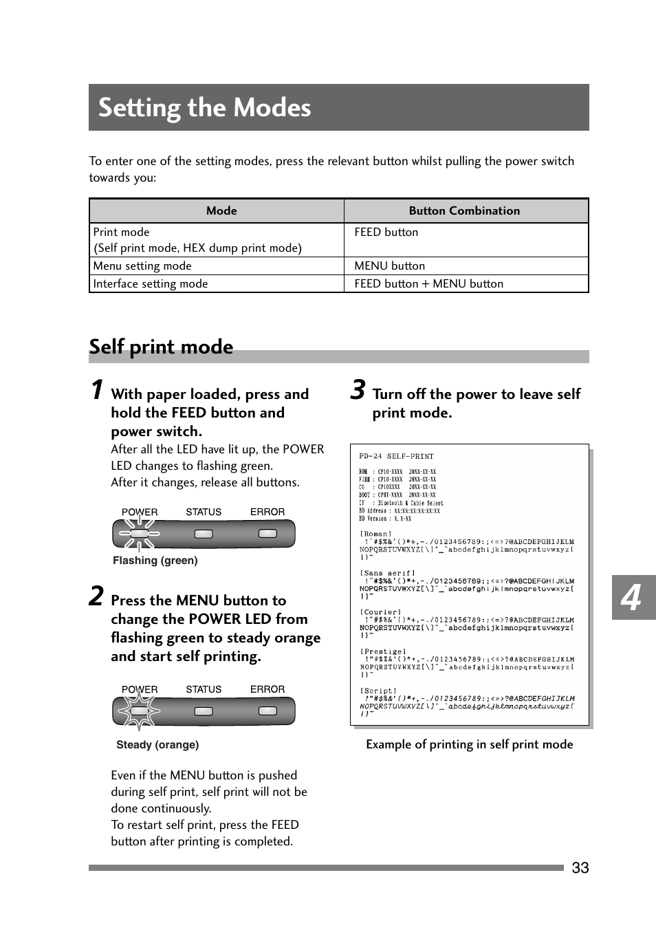 Chapter 4, Setting the modes, Self print mode | CITIZEN PD-24 User Manual | Page 33 / 56