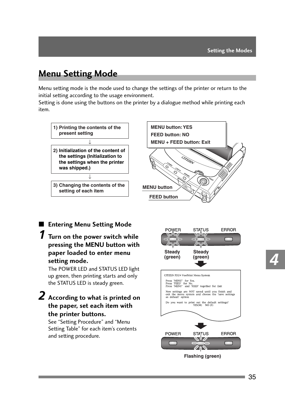 Menu setting mode, Entering menu setting mode | CITIZEN PD-24 User Manual | Page 35 / 56