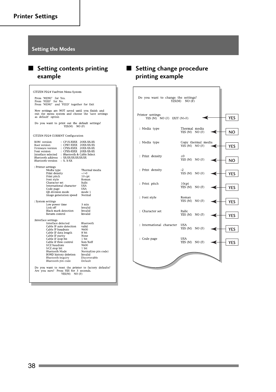 Setting contents printing example, Setting change procedure printing example | CITIZEN PD-24 User Manual | Page 38 / 56