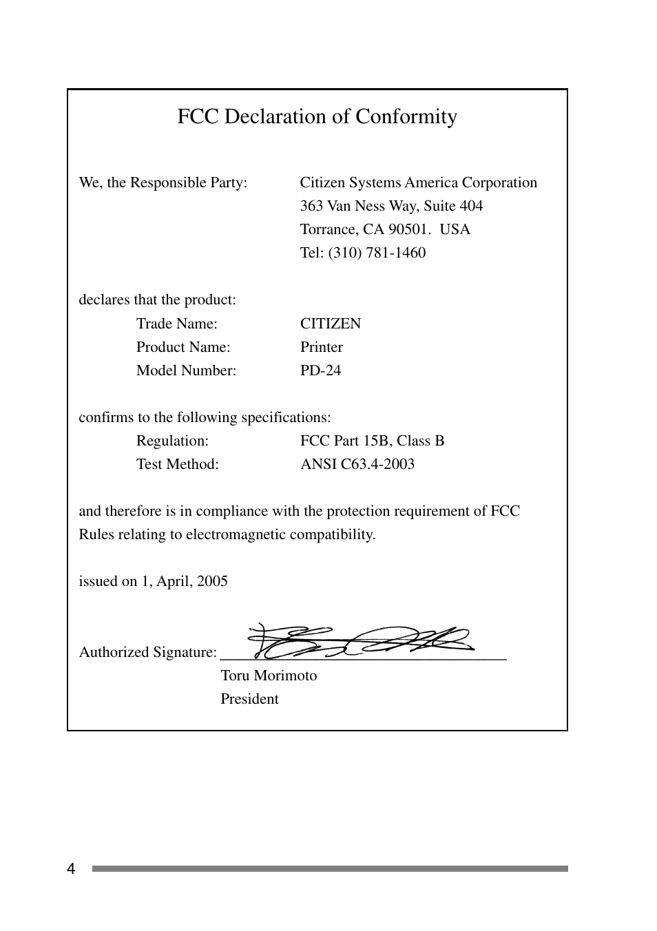 Fcc declaration of conformity | CITIZEN PD-24 User Manual | Page 4 / 56