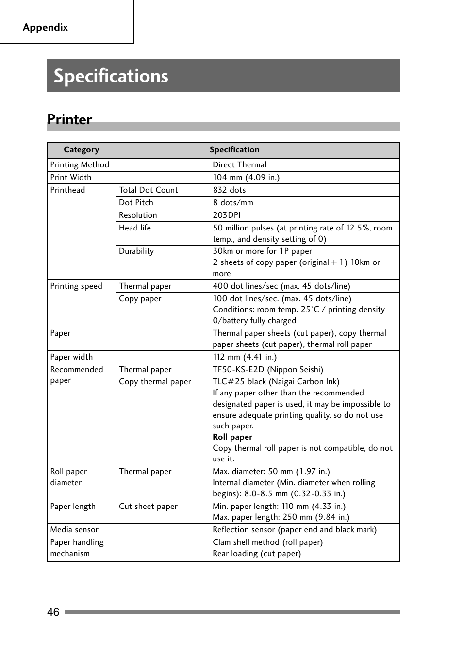 Specifications, Printer | CITIZEN PD-24 User Manual | Page 46 / 56