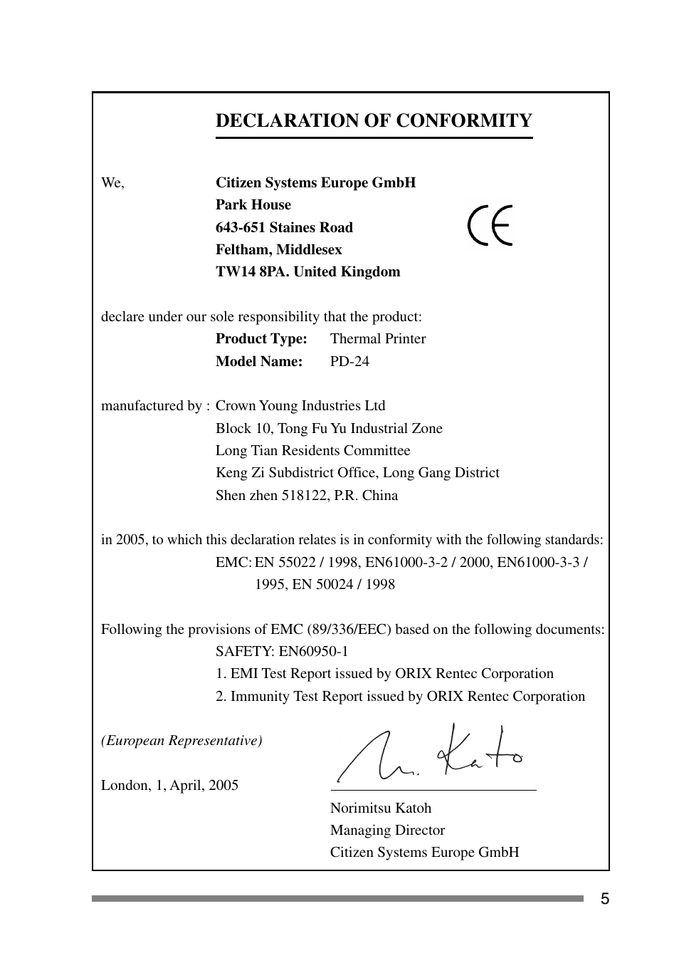 Declaration of conformity | CITIZEN PD-24 User Manual | Page 5 / 56