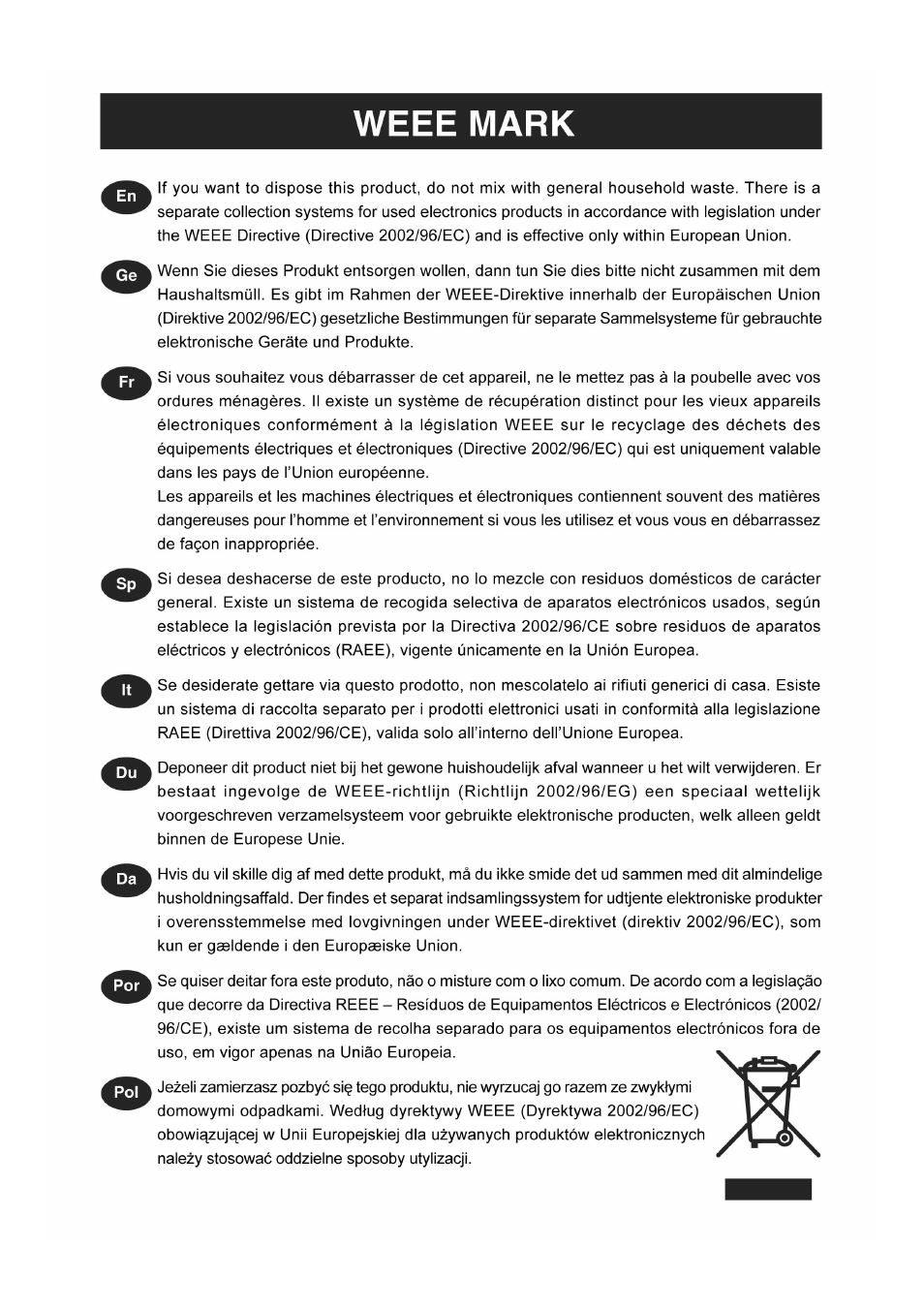 Weee mark | CITIZEN PD-24 User Manual | Page 55 / 56