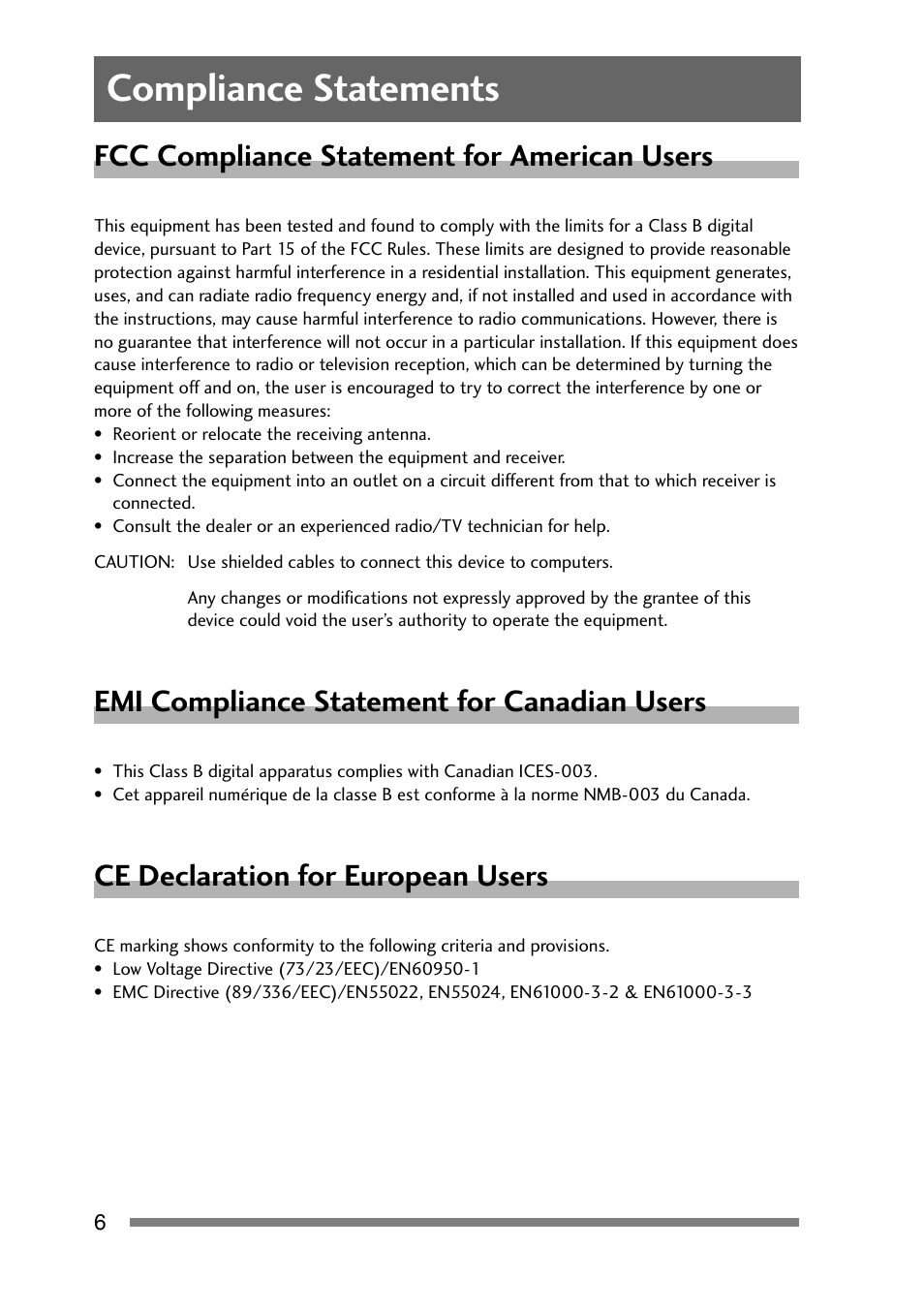 Compliance statements, Fcc compliance statement for american users, Emi compliance statement for canadian users | Ce declaration for european users | CITIZEN PD-24 User Manual | Page 6 / 56