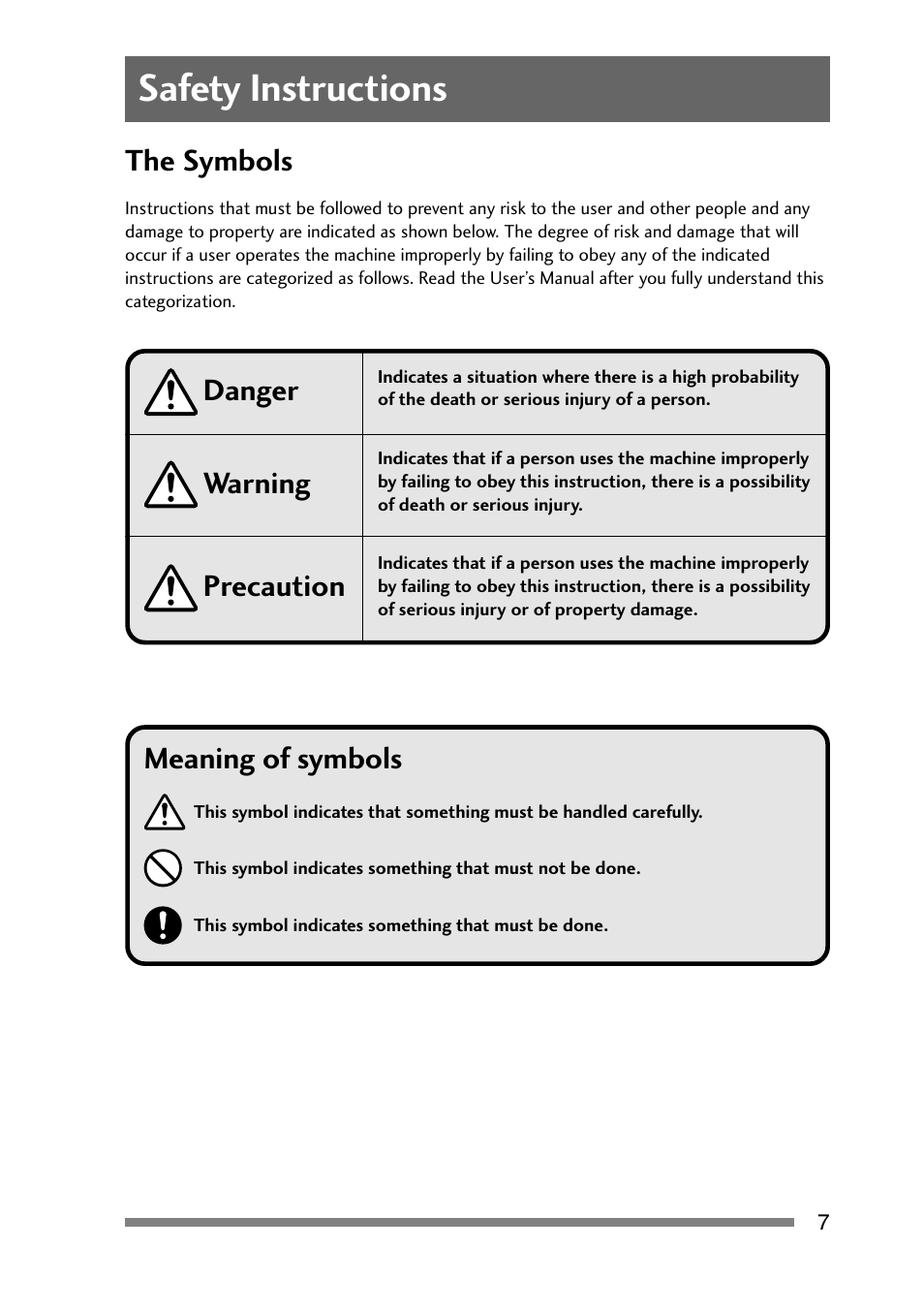 Safety instructions, The symbols, Danger warning precaution meaning of symbols | CITIZEN PD-24 User Manual | Page 7 / 56