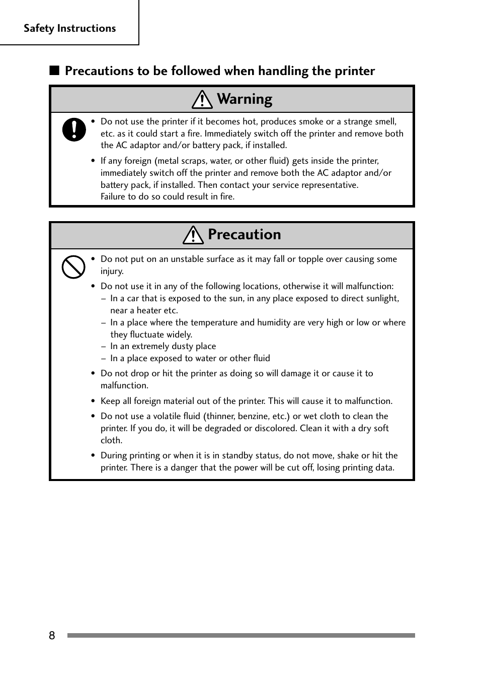 Warning 7, Precaution | CITIZEN PD-24 User Manual | Page 8 / 56