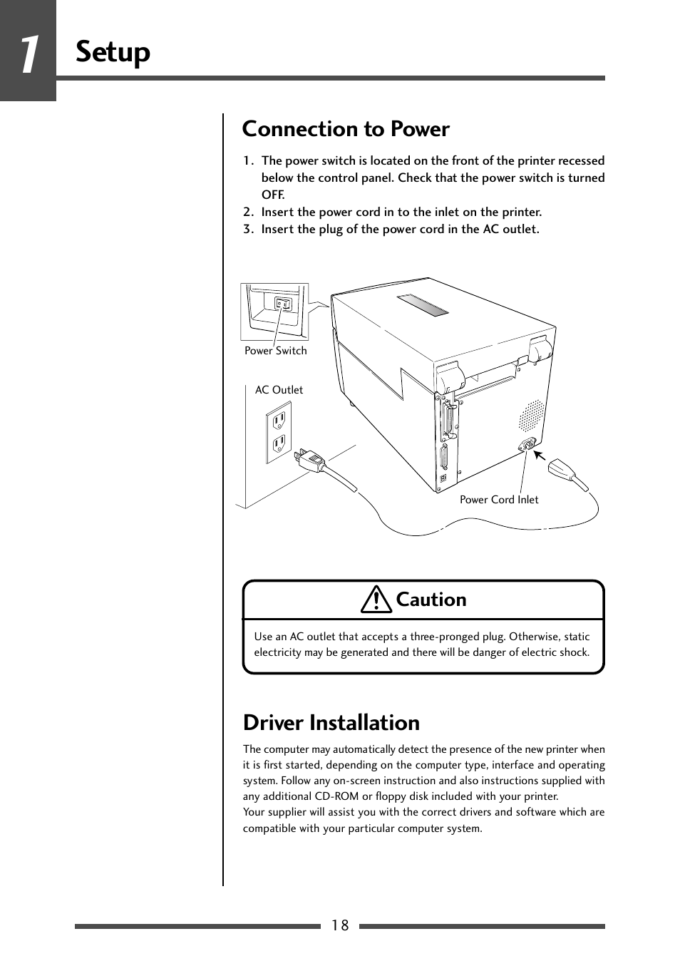 Connection to power, Connection to power driver installation, Connection to power (p.18) | Setup, Driver installation | CITIZEN CL-S700R User Manual | Page 18 / 80