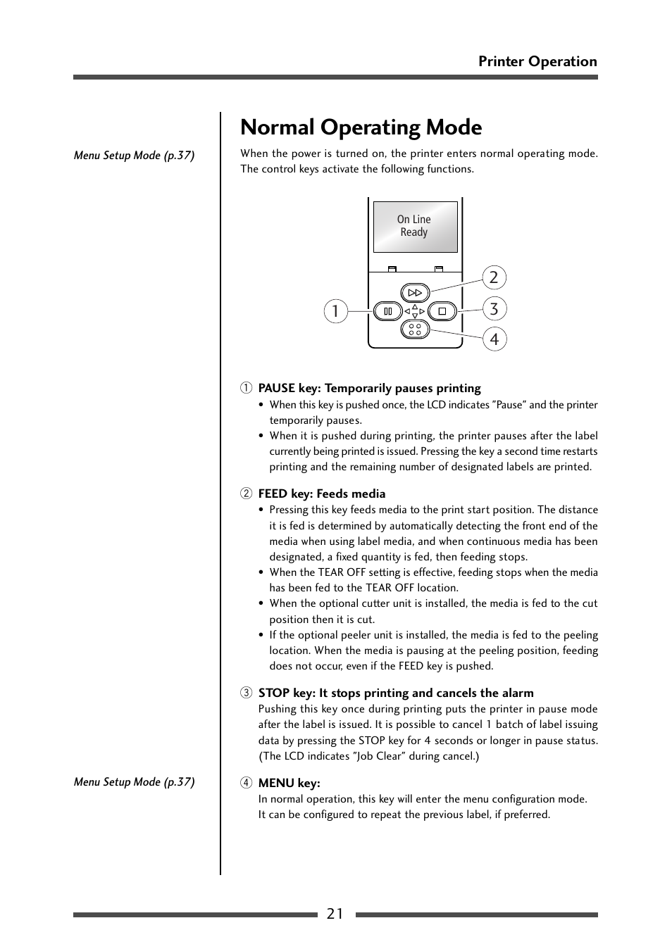 Normal operating mode, 21 printer operation | CITIZEN CL-S700R User Manual | Page 21 / 80