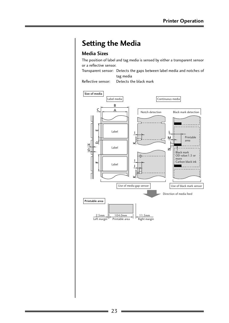 Setting the media, Media sizes, 23 printer operation | CITIZEN CL-S700R User Manual | Page 23 / 80