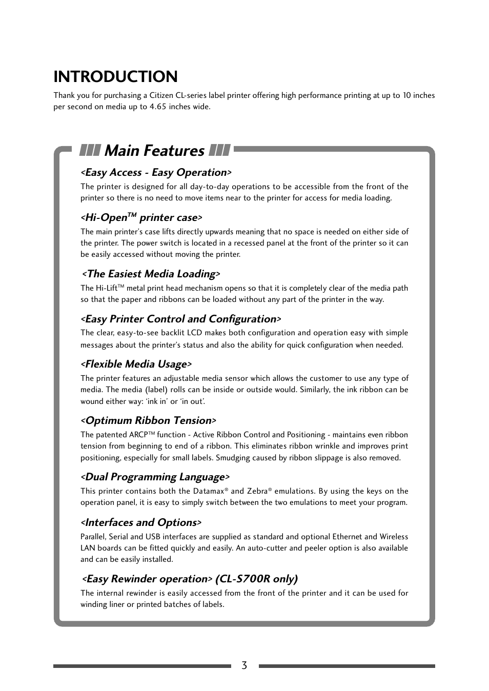 Before operation, Introduction, Main features | CITIZEN CL-S700R User Manual | Page 3 / 80