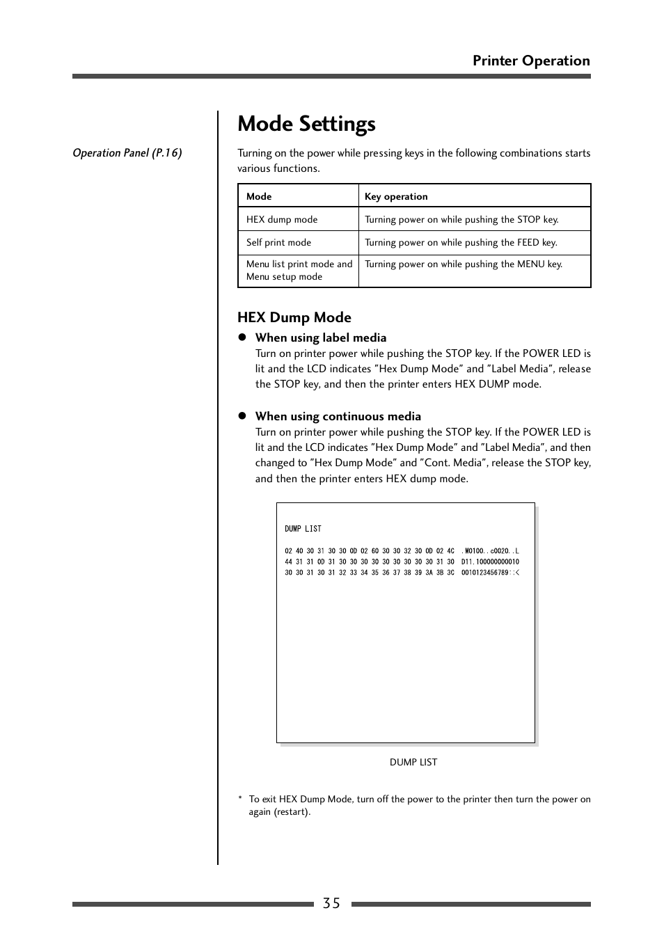 Mode settings, Hex dump mode, 35 printer operation | CITIZEN CL-S700R User Manual | Page 35 / 80