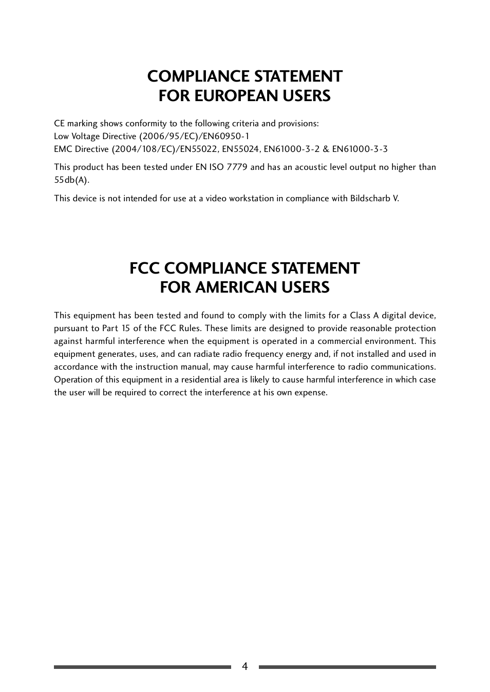 Compliance statementfor european users, Fcc compliance statementfor american users, Compliance statement for european users | Fcc compliance statement for american users | CITIZEN CL-S700R User Manual | Page 4 / 80