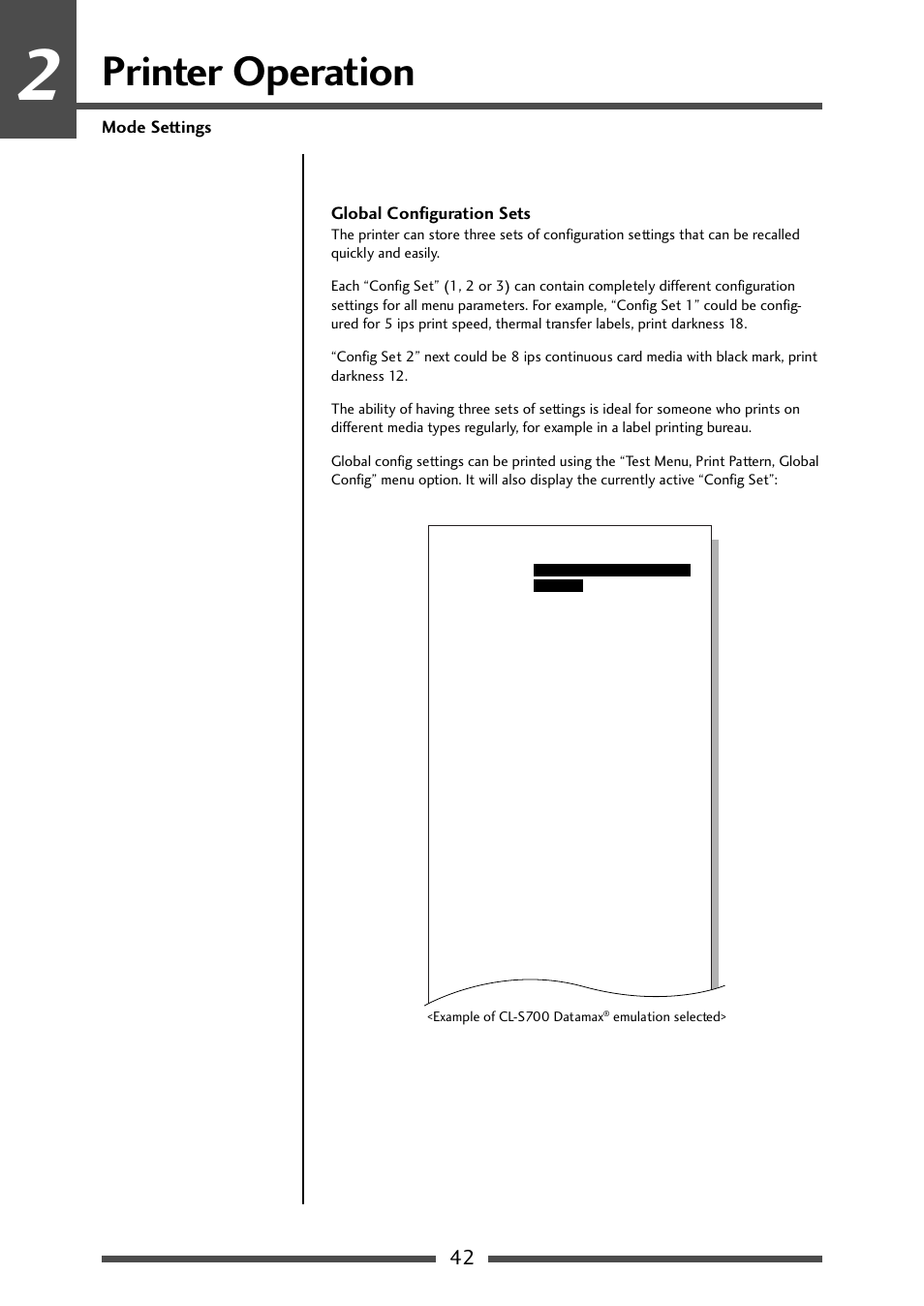 Printer operation, Mode settings global configuration sets | CITIZEN CL-S700R User Manual | Page 42 / 80