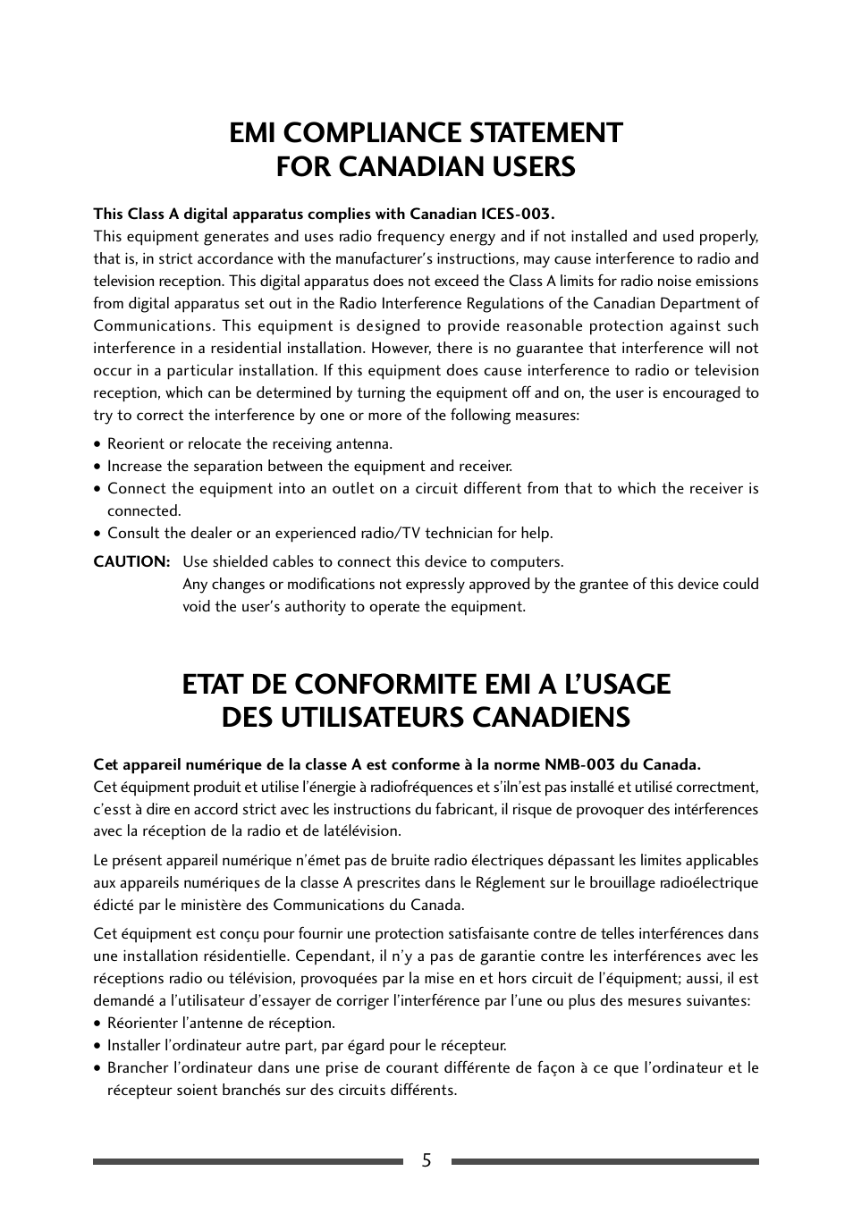 Emi compliance statementfor canadian users, Emi compliance statement for canadian users | CITIZEN CL-S700R User Manual | Page 5 / 80