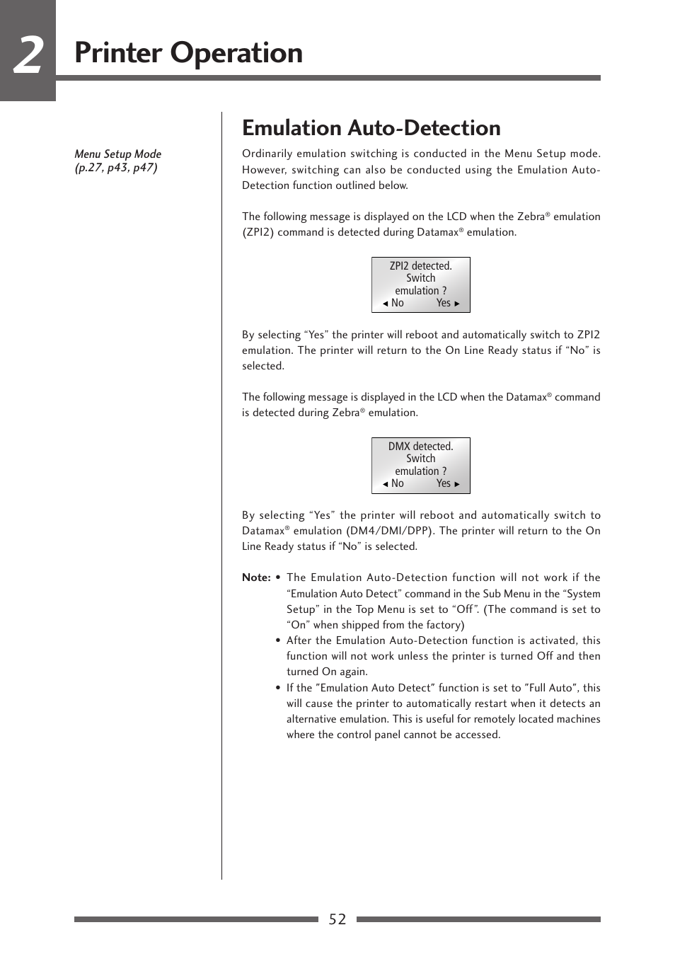 Emulation auto-detection, Printer operation | CITIZEN CL-S700R User Manual | Page 52 / 80