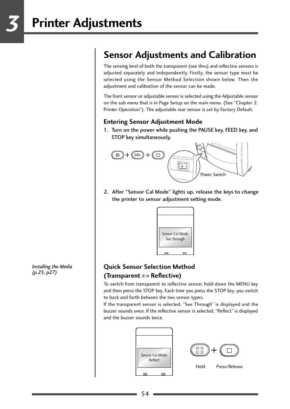 Printer adjustments, Sensor adjustments and calibration, Entering sensor adjustment mode | CITIZEN CL-S700R User Manual | Page 54 / 80