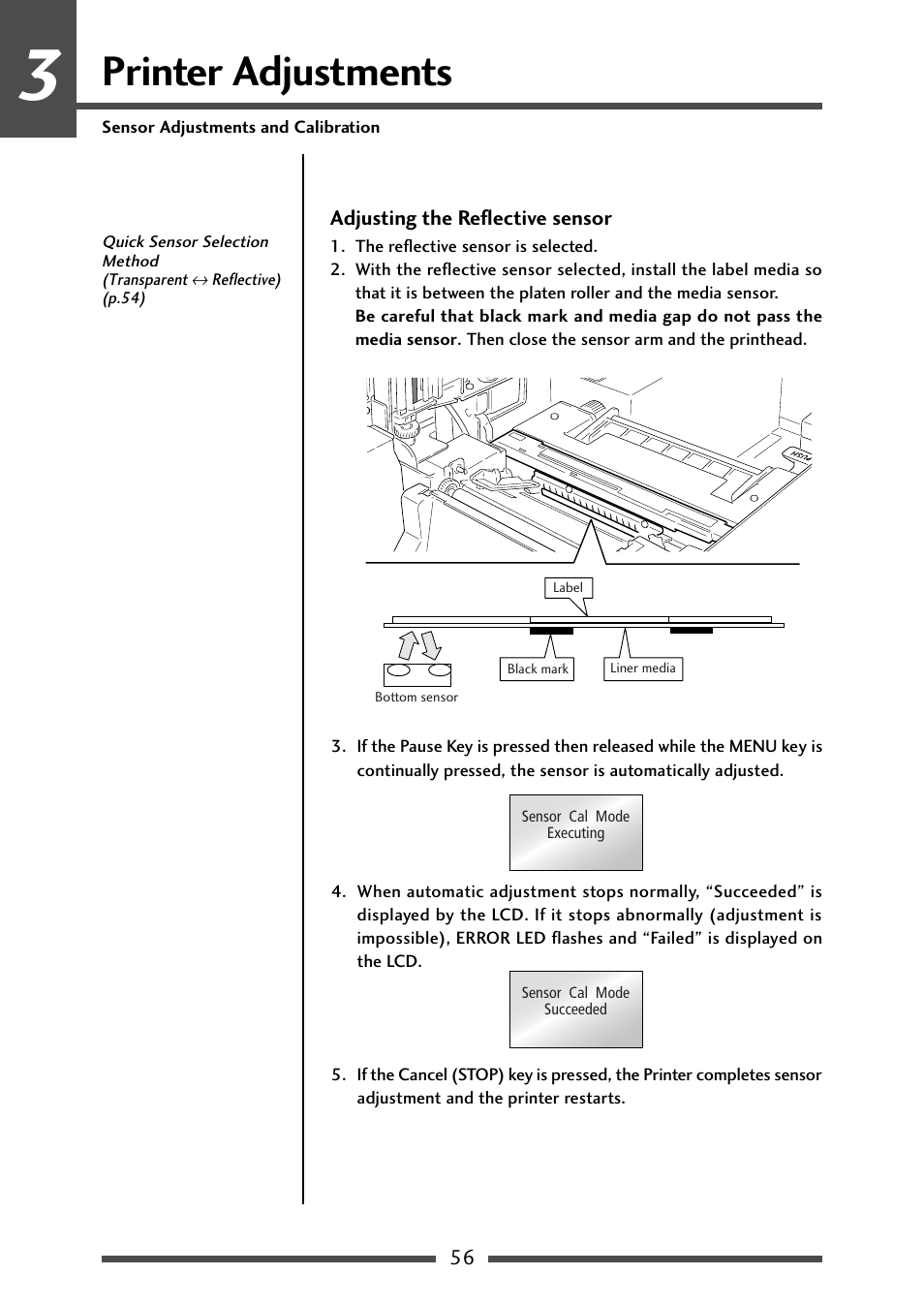 Adjusting the reflective sensor, Printer adjustments | CITIZEN CL-S700R User Manual | Page 56 / 80