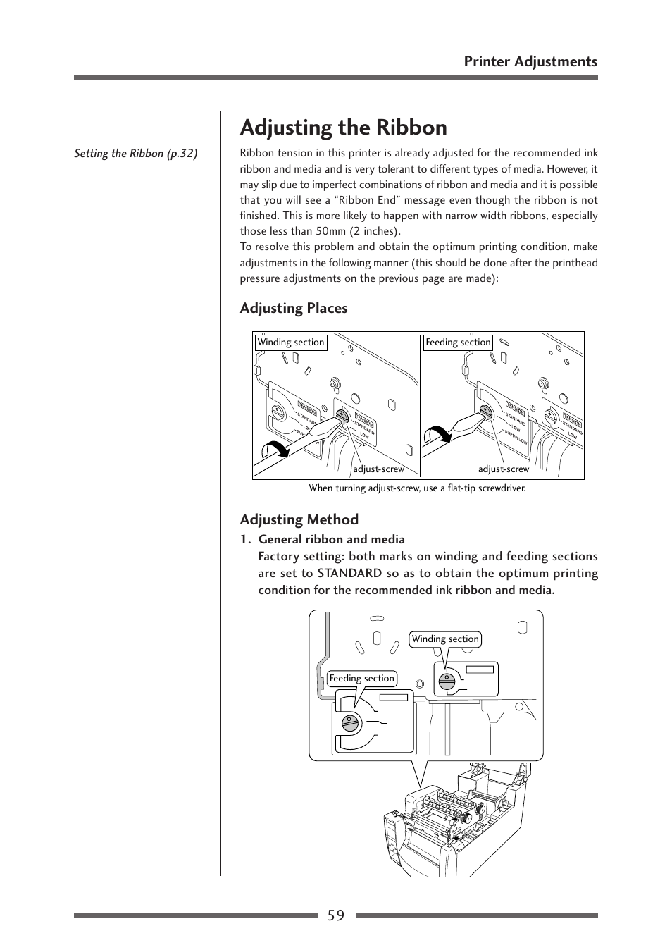 Adjusting the ribbon, Adjusting places, Adjusting method | 59 printer adjustments, Adjusting places adjusting method | CITIZEN CL-S700R User Manual | Page 59 / 80