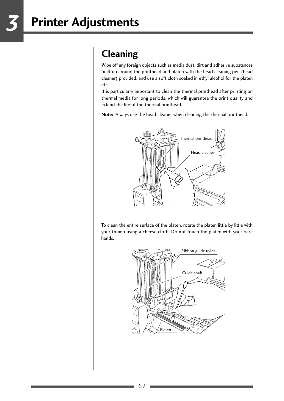 Cleaning, Printer adjustments | CITIZEN CL-S700R User Manual | Page 62 / 80