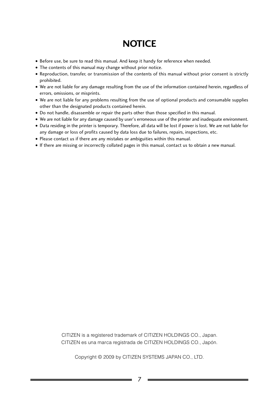 Notice | CITIZEN CL-S700R User Manual | Page 7 / 80