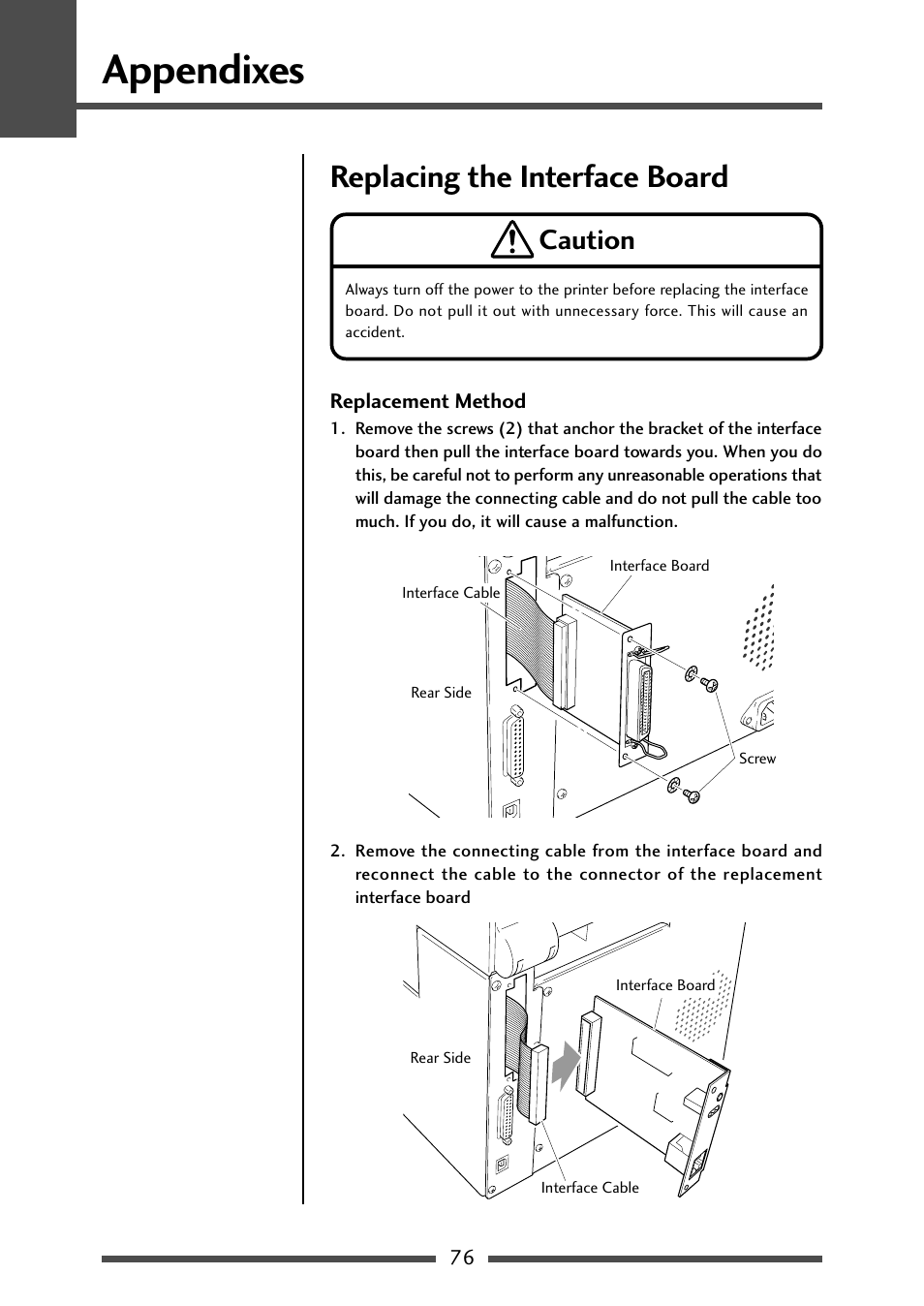 Replacing the interface board, Replacement method, Replacing the interface board (p.76) | Appendixes, Caution | CITIZEN CL-S700R User Manual | Page 76 / 80