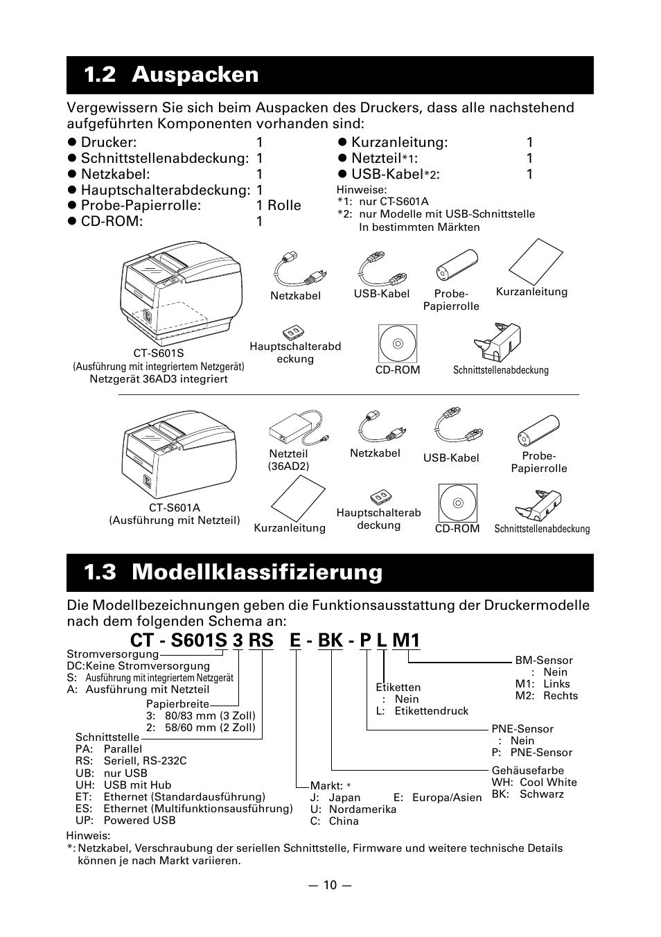 2 auspacken, 3 modellklassifizierung, 2 auspacken 1.3 modellklassifizierung | CITIZEN LINE THERMAL PRINTER CT-S601 User Manual | Page 100 / 220