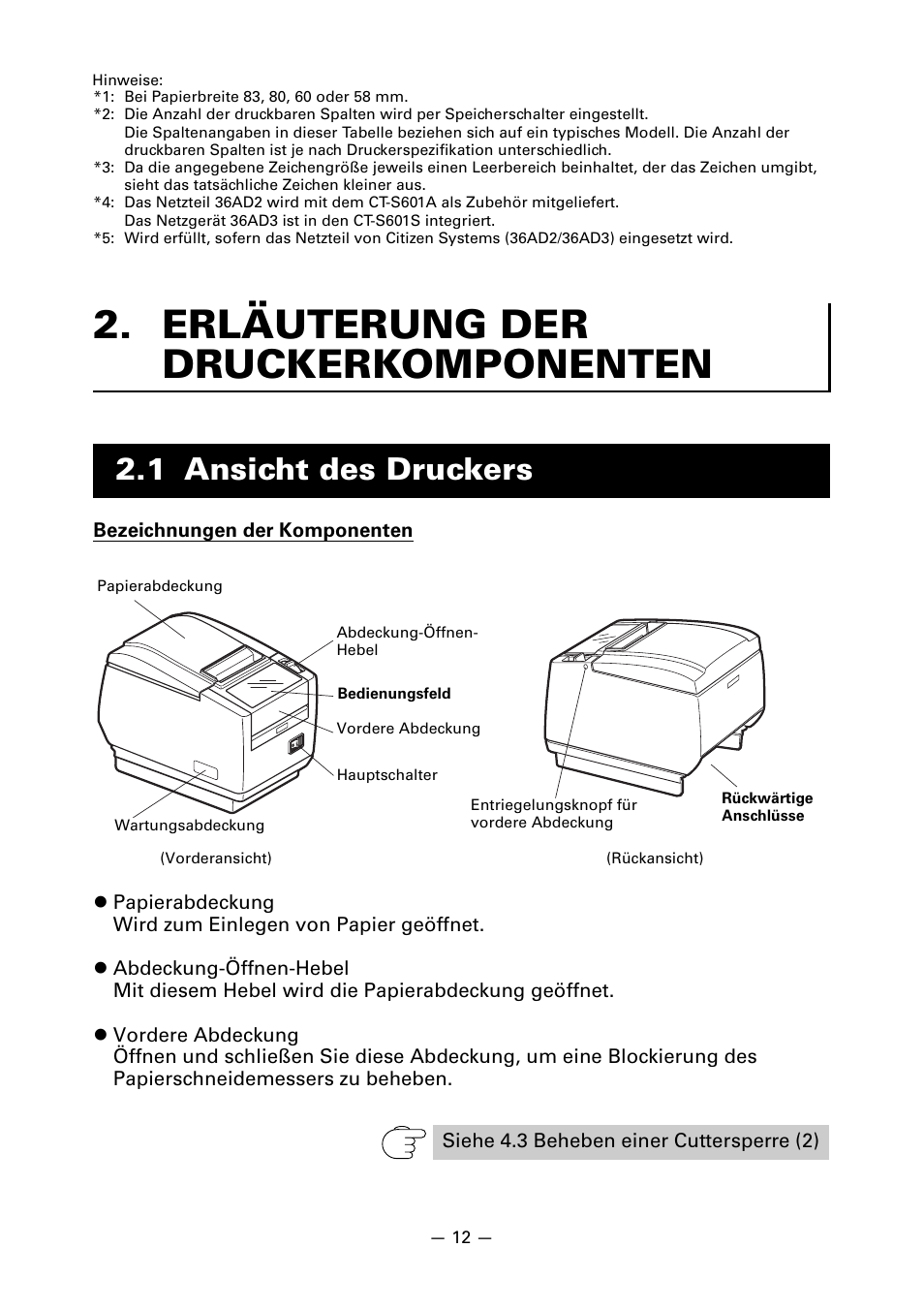 Erläuterung der druckerkomponenten, 1 ansicht des druckers | CITIZEN LINE THERMAL PRINTER CT-S601 User Manual | Page 102 / 220