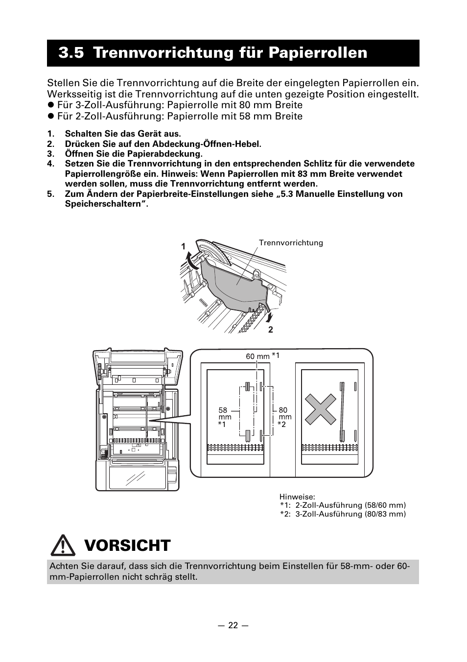 5 trennvorrichtung für papierrollen, 5 trennvorrichtung für papierrollen vorsicht | CITIZEN LINE THERMAL PRINTER CT-S601 User Manual | Page 112 / 220