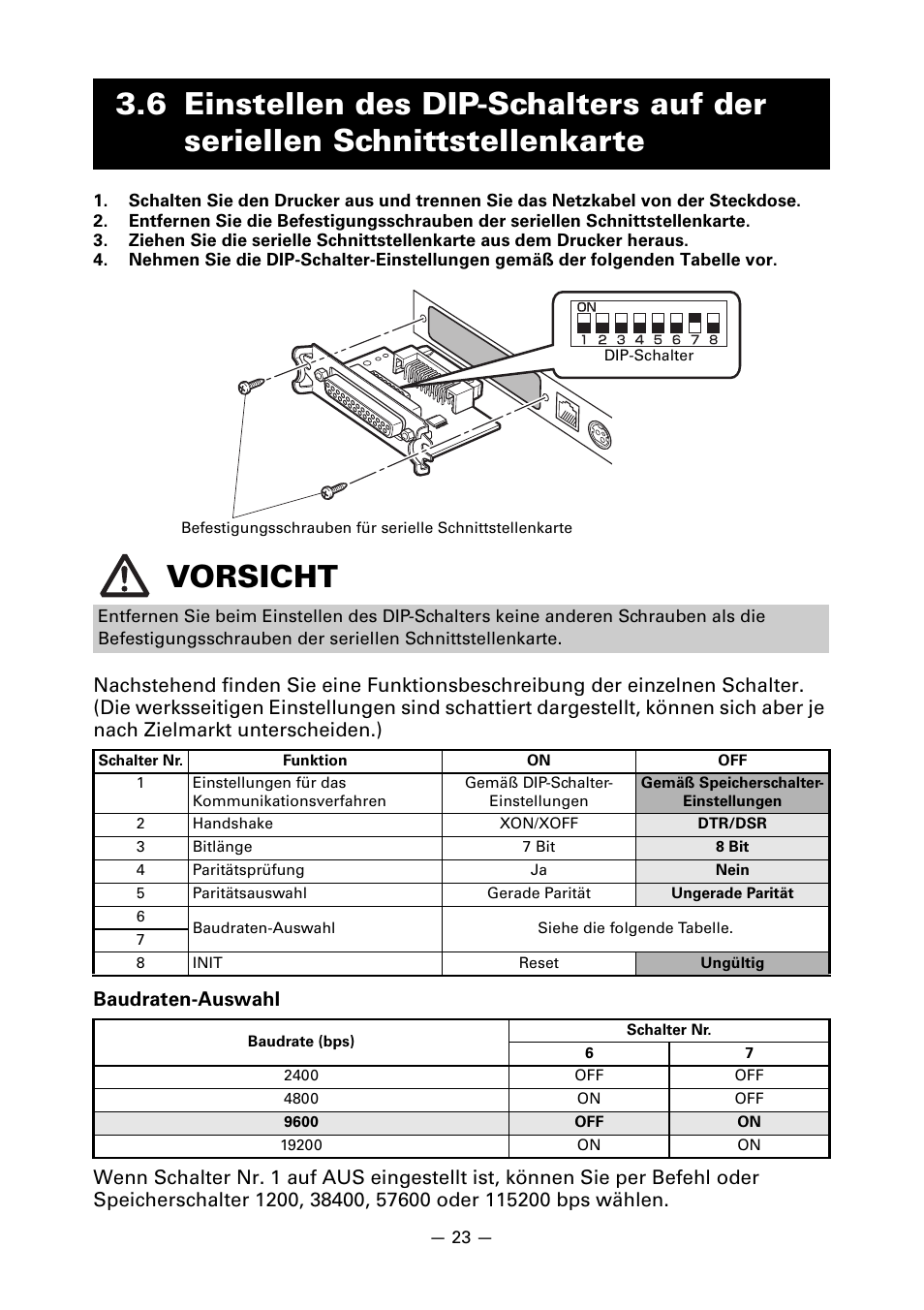 6 einstellen des dip-schalters auf der seriellen, Schnittstellenkarte | CITIZEN LINE THERMAL PRINTER CT-S601 User Manual | Page 113 / 220