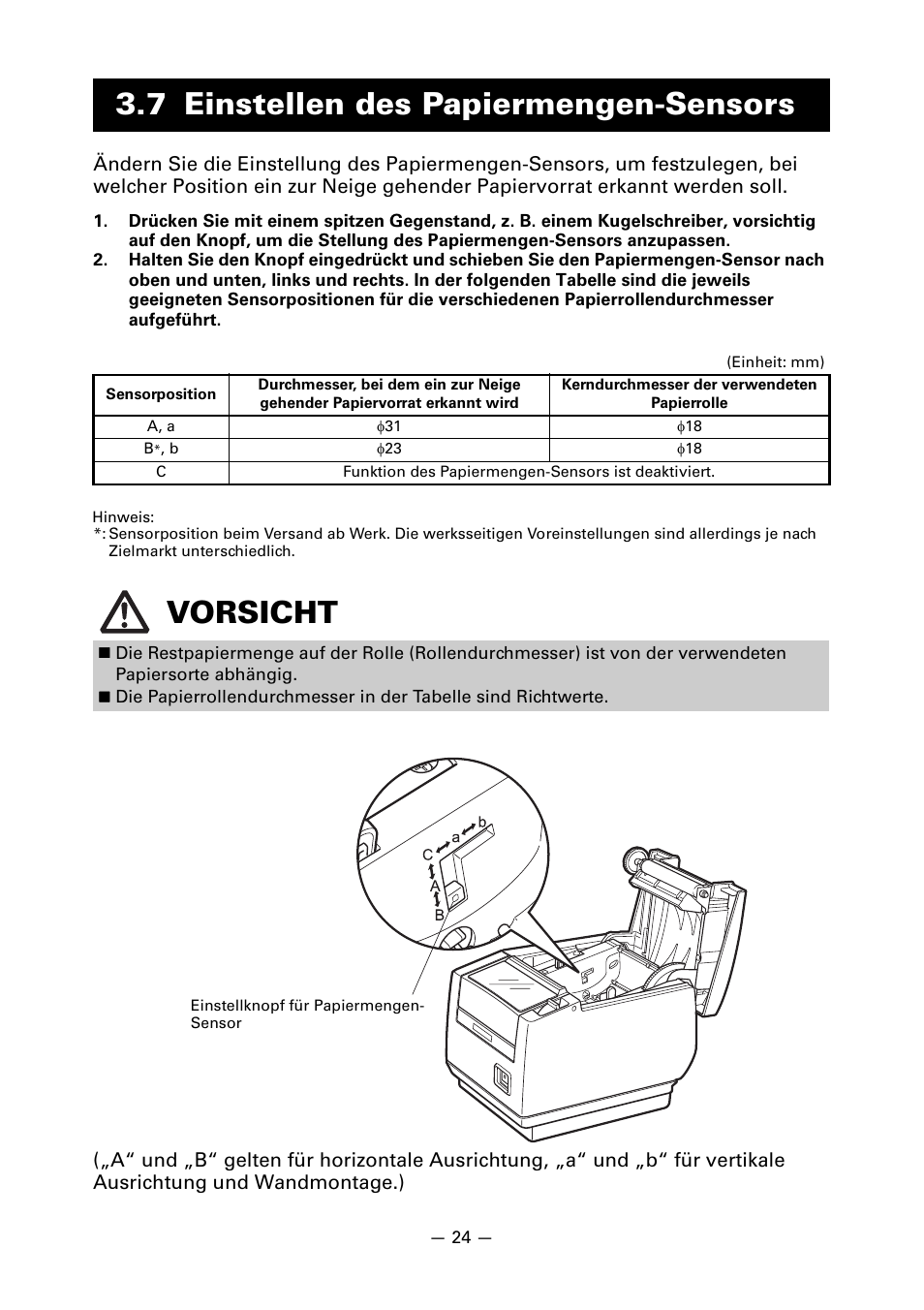 7 einstellen des papiermengen-sensors, Vorsicht | CITIZEN LINE THERMAL PRINTER CT-S601 User Manual | Page 114 / 220