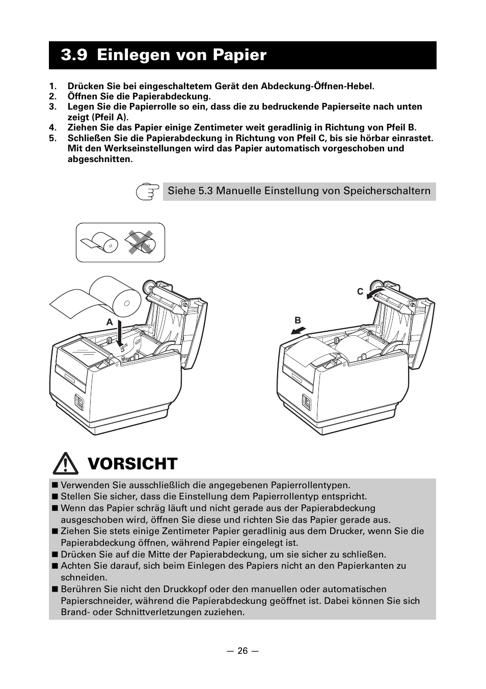 9 einlegen von papier, Vorsicht | CITIZEN LINE THERMAL PRINTER CT-S601 User Manual | Page 116 / 220