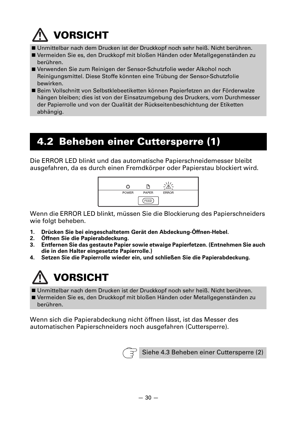 2 beheben einer cuttersperre (1), Vorsicht, 2 beheben einer cuttersperre (1) vorsicht | CITIZEN LINE THERMAL PRINTER CT-S601 User Manual | Page 120 / 220