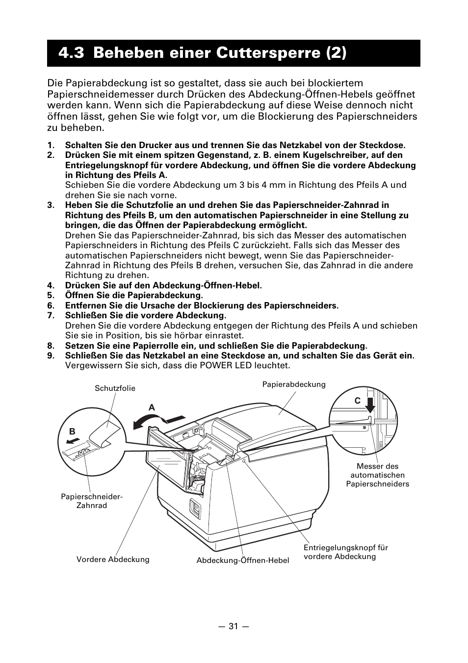 3 beheben einer cuttersperre (2) | CITIZEN LINE THERMAL PRINTER CT-S601 User Manual | Page 121 / 220
