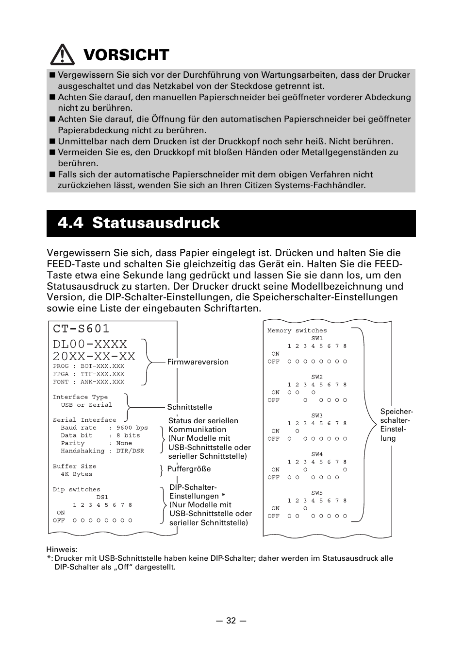 4 statusausdruck, Vorsicht | CITIZEN LINE THERMAL PRINTER CT-S601 User Manual | Page 122 / 220