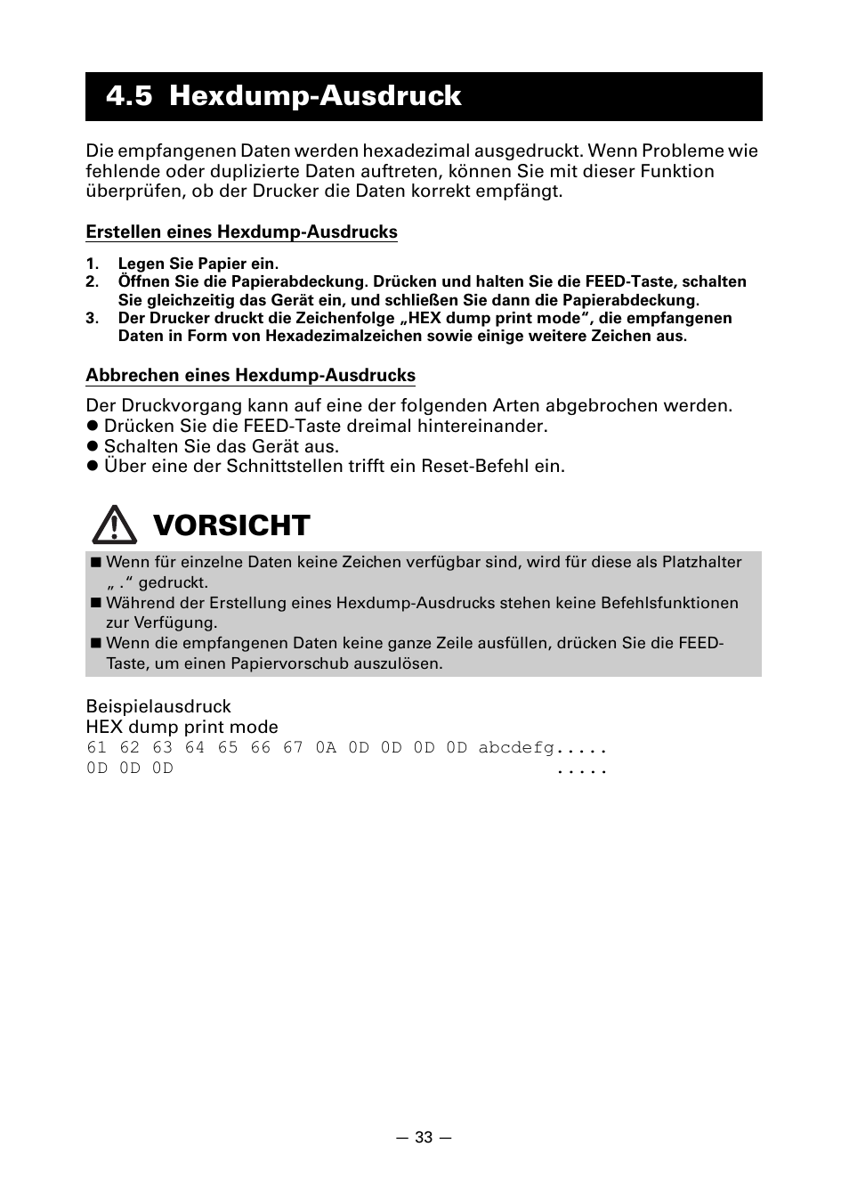5 hexdump-ausdruck, 5 hexdump-ausdruck vorsicht | CITIZEN LINE THERMAL PRINTER CT-S601 User Manual | Page 123 / 220