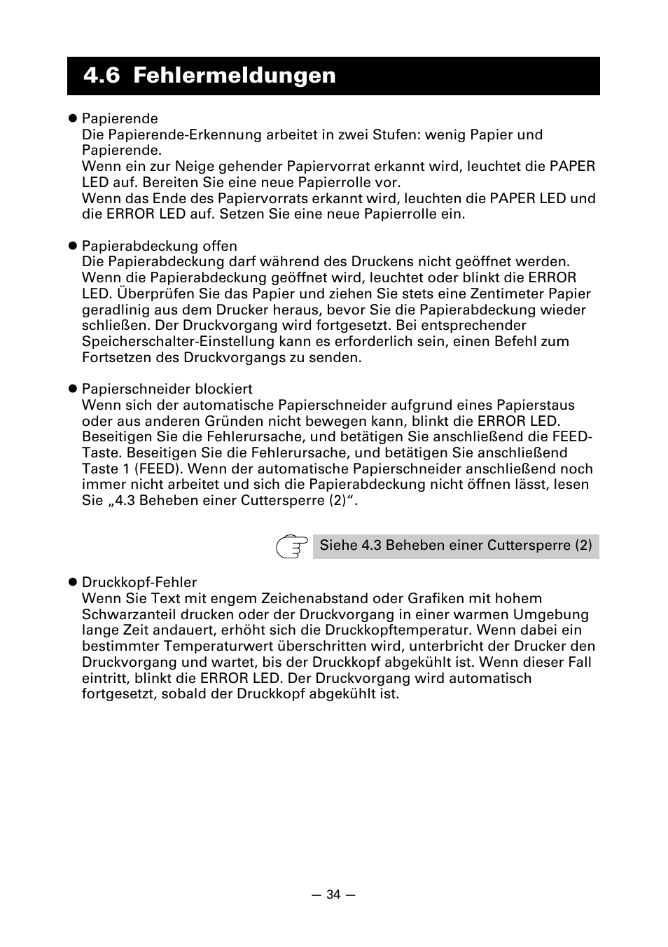 6 fehlermeldungen | CITIZEN LINE THERMAL PRINTER CT-S601 User Manual | Page 124 / 220