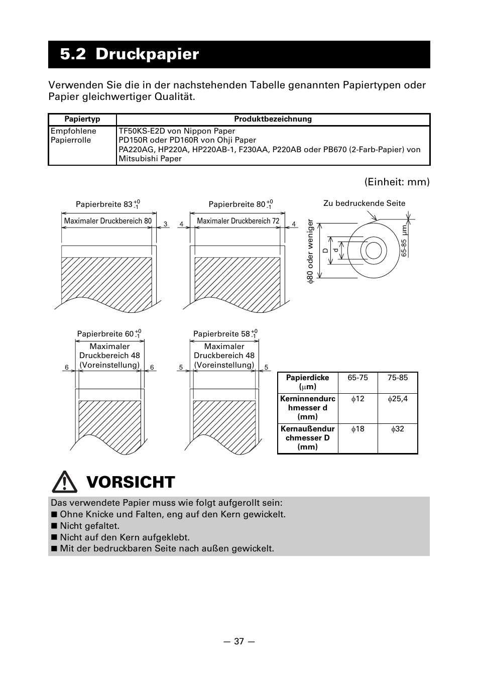 2 druckpapier, Vorsicht | CITIZEN LINE THERMAL PRINTER CT-S601 User Manual | Page 127 / 220