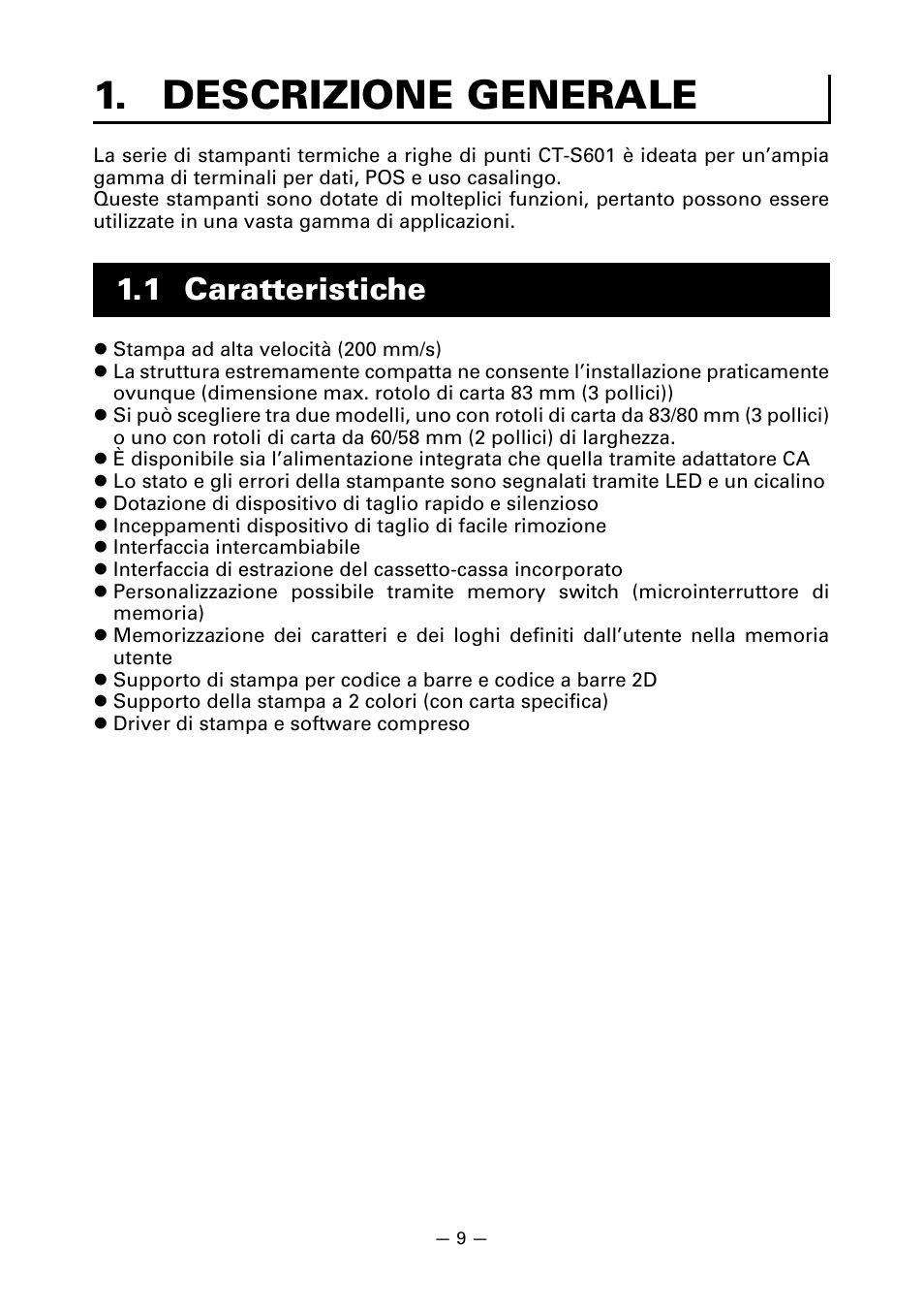 Descrizione generale, 1 caratteristiche | CITIZEN LINE THERMAL PRINTER CT-S601 User Manual | Page 142 / 220