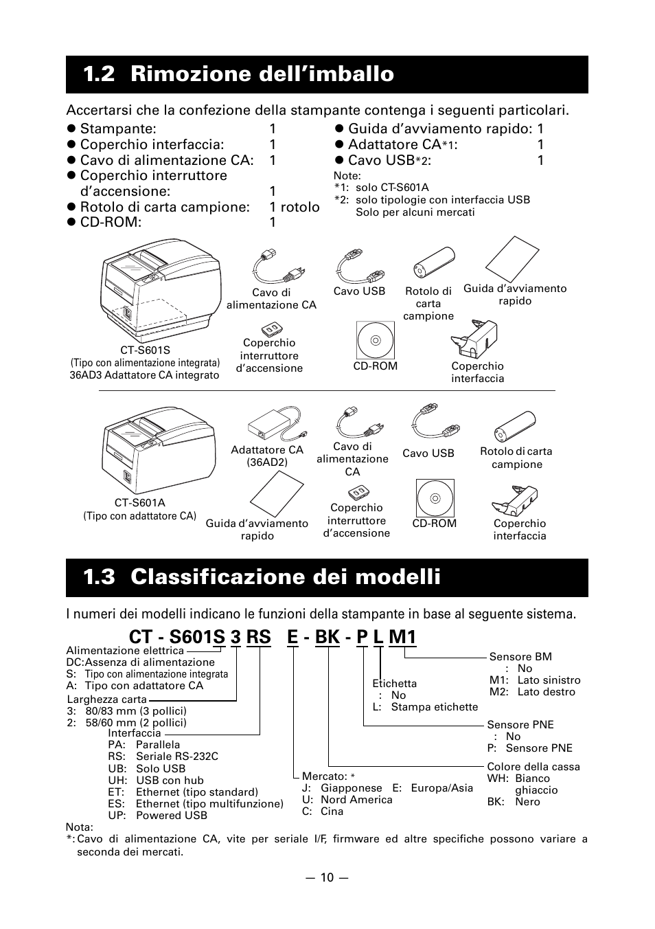 2 rimozione dell’imballo, 3 classificazione dei modelli, 1 z cavo usb | CITIZEN LINE THERMAL PRINTER CT-S601 User Manual | Page 143 / 220