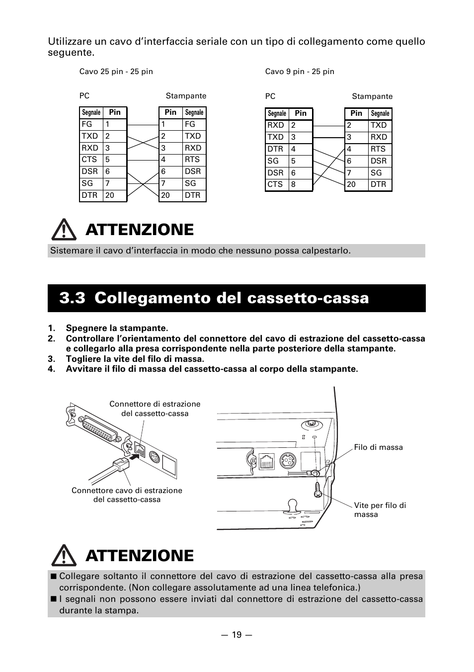 3 collegamento del cassetto-cassa, Attenzione, 3 collegamento del cassetto-cassa attenzione | CITIZEN LINE THERMAL PRINTER CT-S601 User Manual | Page 152 / 220