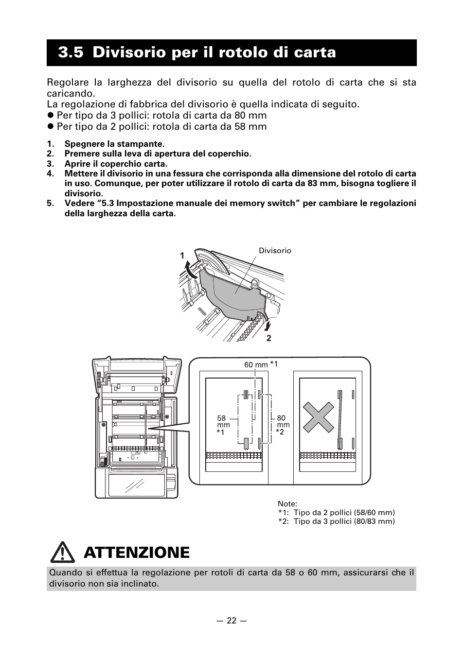 5 divisorio per il rotolo di carta, 5 divisorio per il rotolo di carta attenzione | CITIZEN LINE THERMAL PRINTER CT-S601 User Manual | Page 155 / 220