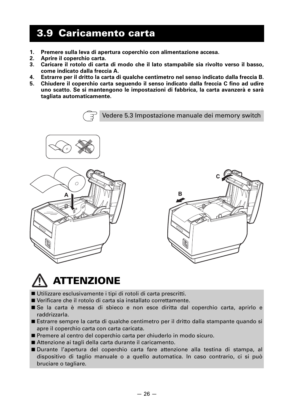 9 caricamento carta, Attenzione | CITIZEN LINE THERMAL PRINTER CT-S601 User Manual | Page 159 / 220