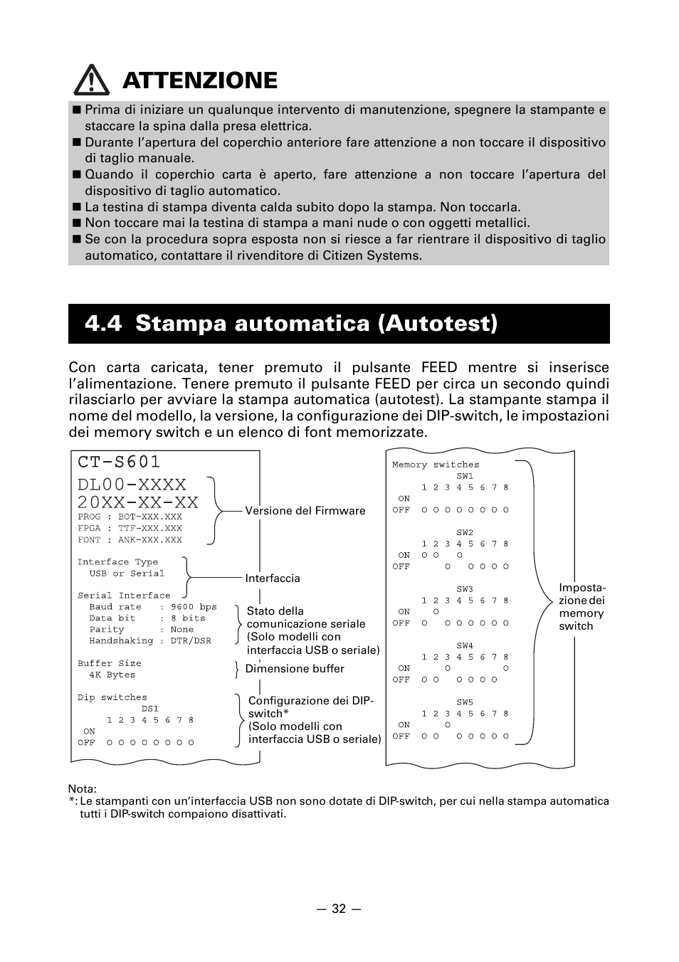 4 stampa automatica (autotest), Attenzione | CITIZEN LINE THERMAL PRINTER CT-S601 User Manual | Page 165 / 220