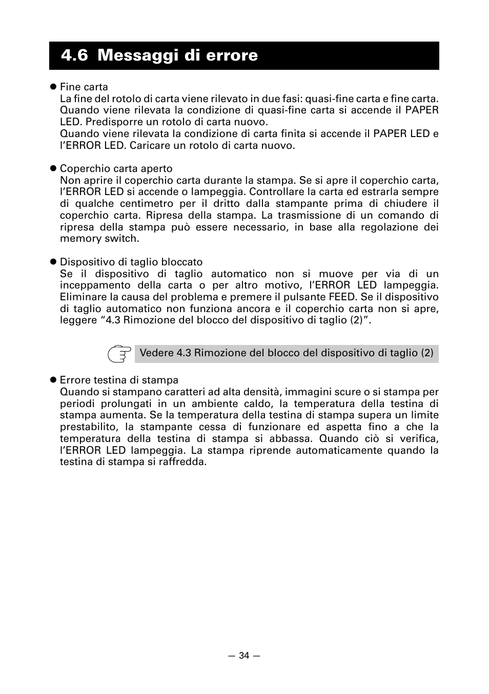 6 messaggi di errore | CITIZEN LINE THERMAL PRINTER CT-S601 User Manual | Page 167 / 220