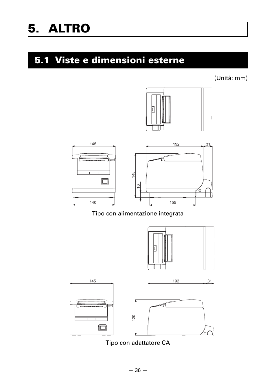 Altro, 1 viste e dimensioni esterne | CITIZEN LINE THERMAL PRINTER CT-S601 User Manual | Page 169 / 220