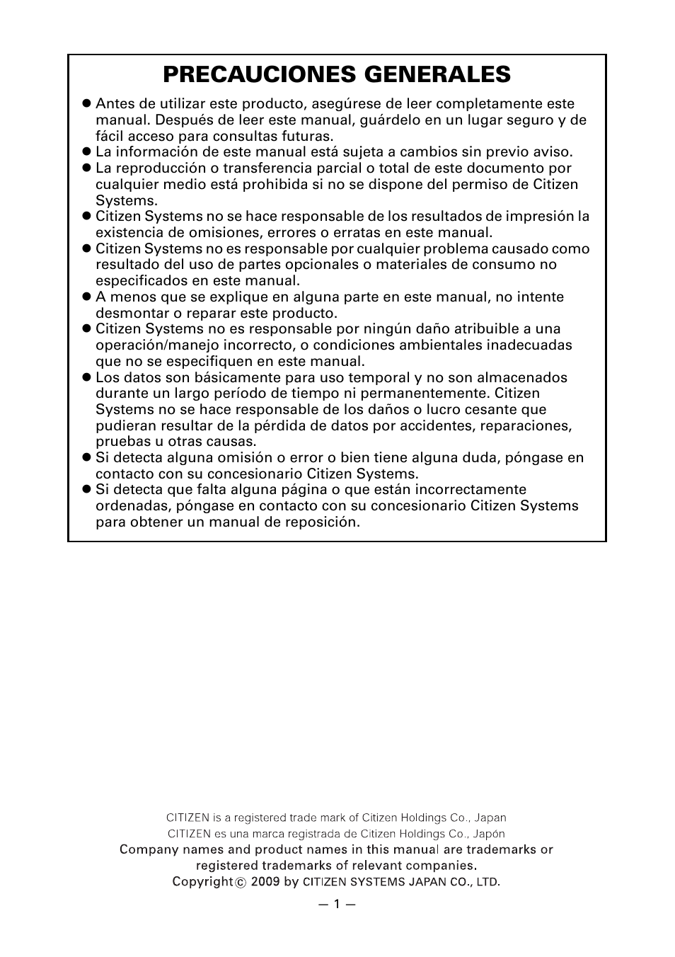 Precauciones generales | CITIZEN LINE THERMAL PRINTER CT-S601 User Manual | Page 177 / 220