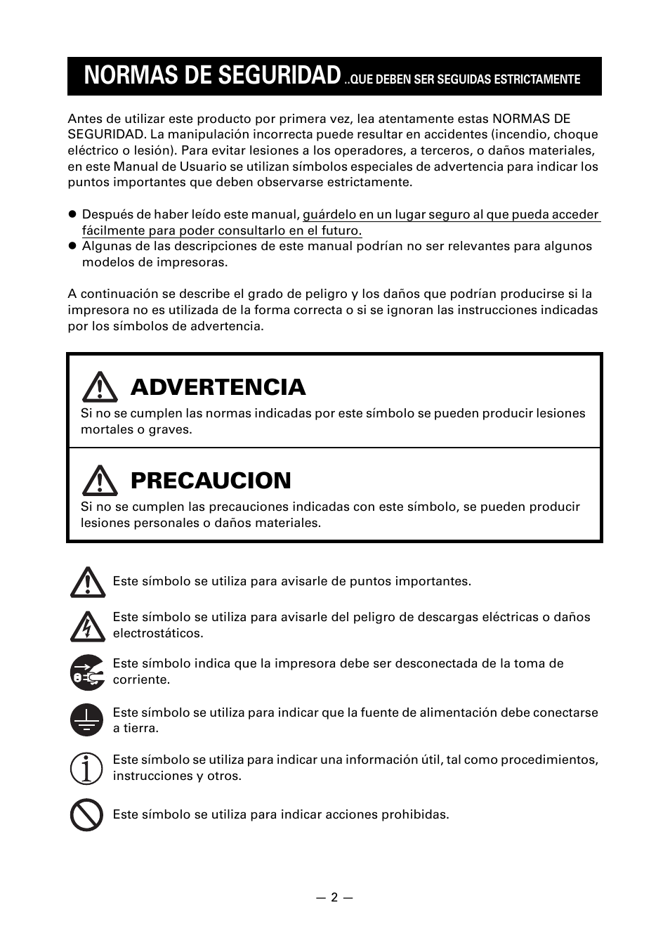 Normas de seguridad, Advertencia, Precaucion | CITIZEN LINE THERMAL PRINTER CT-S601 User Manual | Page 178 / 220